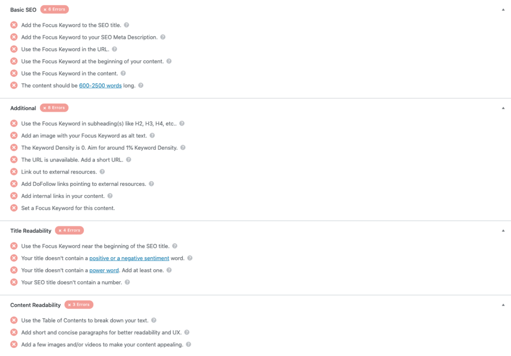 List of points to complete for Rank Math's SEO Score guide