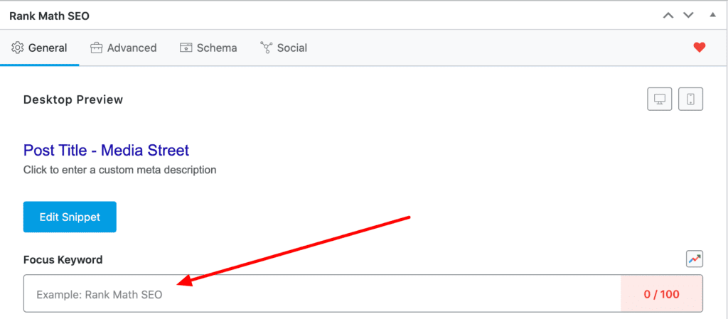 Where to add focus keyword when optimising a post or page with Rank Math